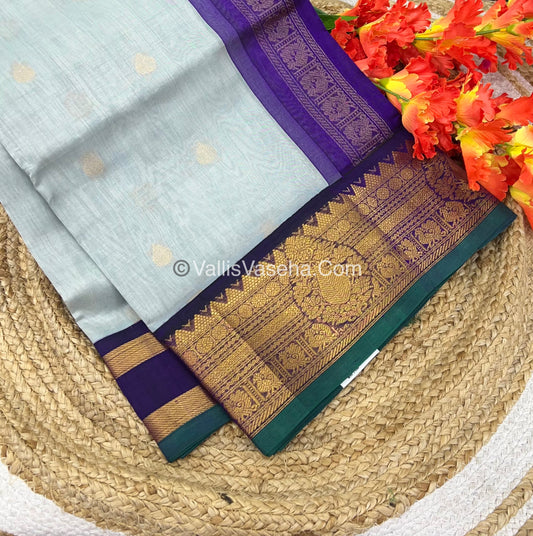 Pure Korvai Silk Cotton Saree - Grey with Purple - VVKSC019
