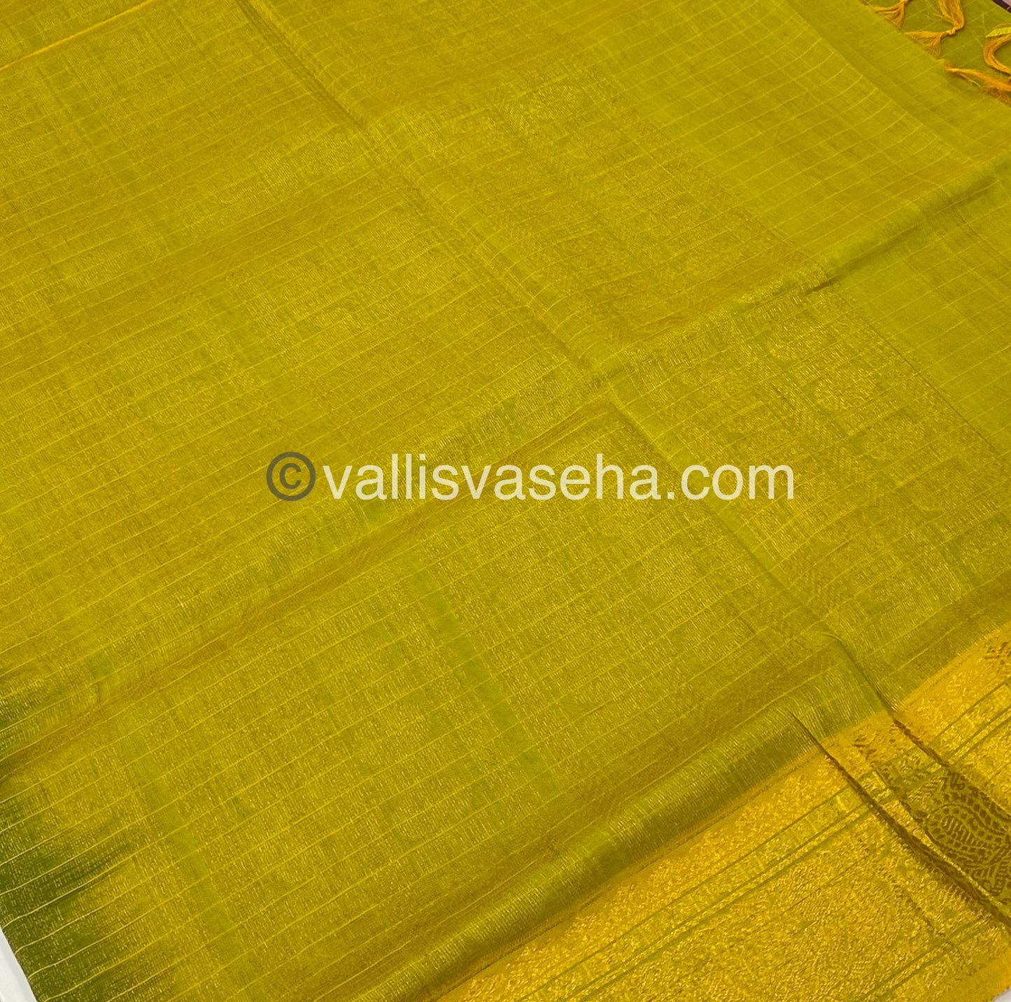 Pure Silk Cotton Saree - Maroonish Wine with Lemon Green - Lakshadeepam Design - VVPLD001