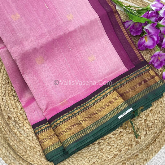 Pure Korvai Silk Cotton Saree - Pink with Purple - VVKSC004