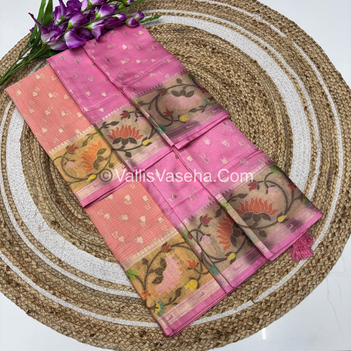 Unstitched - Lehenga Material - Zari Kota Tissue - Peach & Pink- VVULM002
