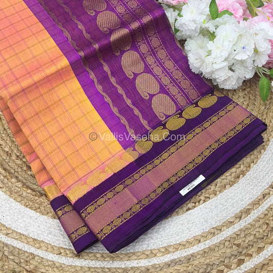 Pure Korvai Silk Cotton - Peach with Purple - Checks Pattern - VVKSC008