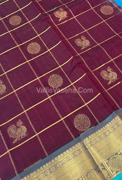 Pure Silk Cotton Saree - Mayil & Chakkaram Design - Maroon With Turquoise Blue Shade - VVMC001