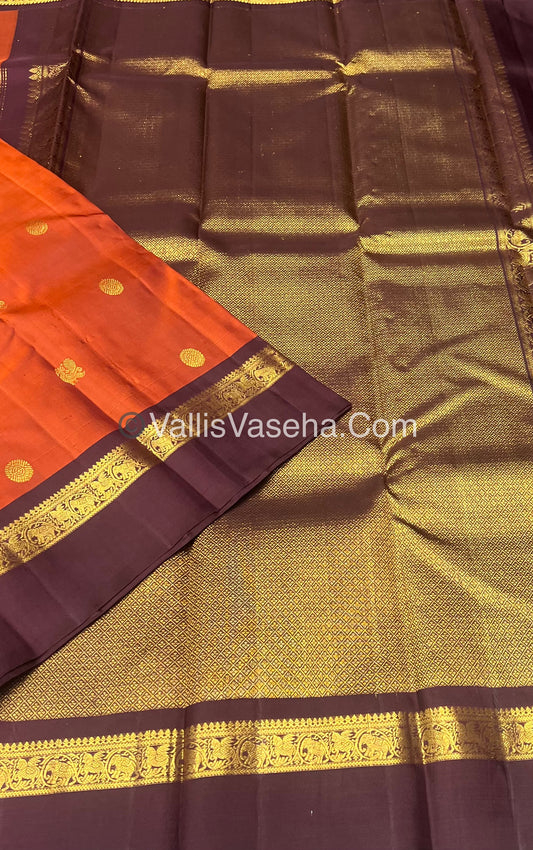 Pure Kanchipuram Silk Saree - Dark Rust Orange with Wine Brown Combo - VVPS021