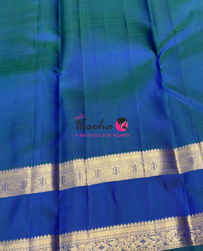 Pure Kanchipuram Silk Saree - Vairavoosi Design  - Peacock Blue Shade - VVPS095