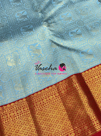 Pure Bridal Korvai Kanchipuram Silk Saree - Light Pastel Blue & Orange Combo - VVPS052