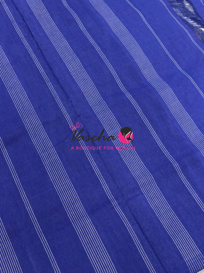 Double Ikkat Pure Cotton Saree -  Blue With Red  - VVIKS002