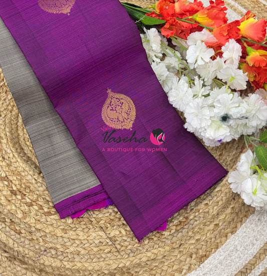 Pure Kanchipuram Silk Saree - Half & Half - Grey With Purplish Pink Shade - VVPS065