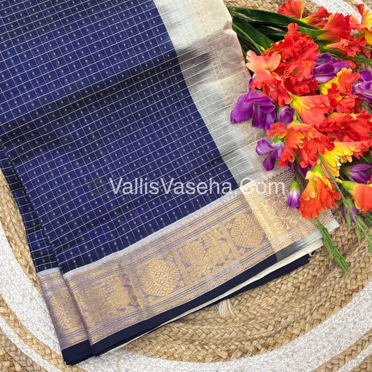 Pure Silk Cotton Saree - Blue With Half White Shade - Lakshadeepam Design - VVPLD001