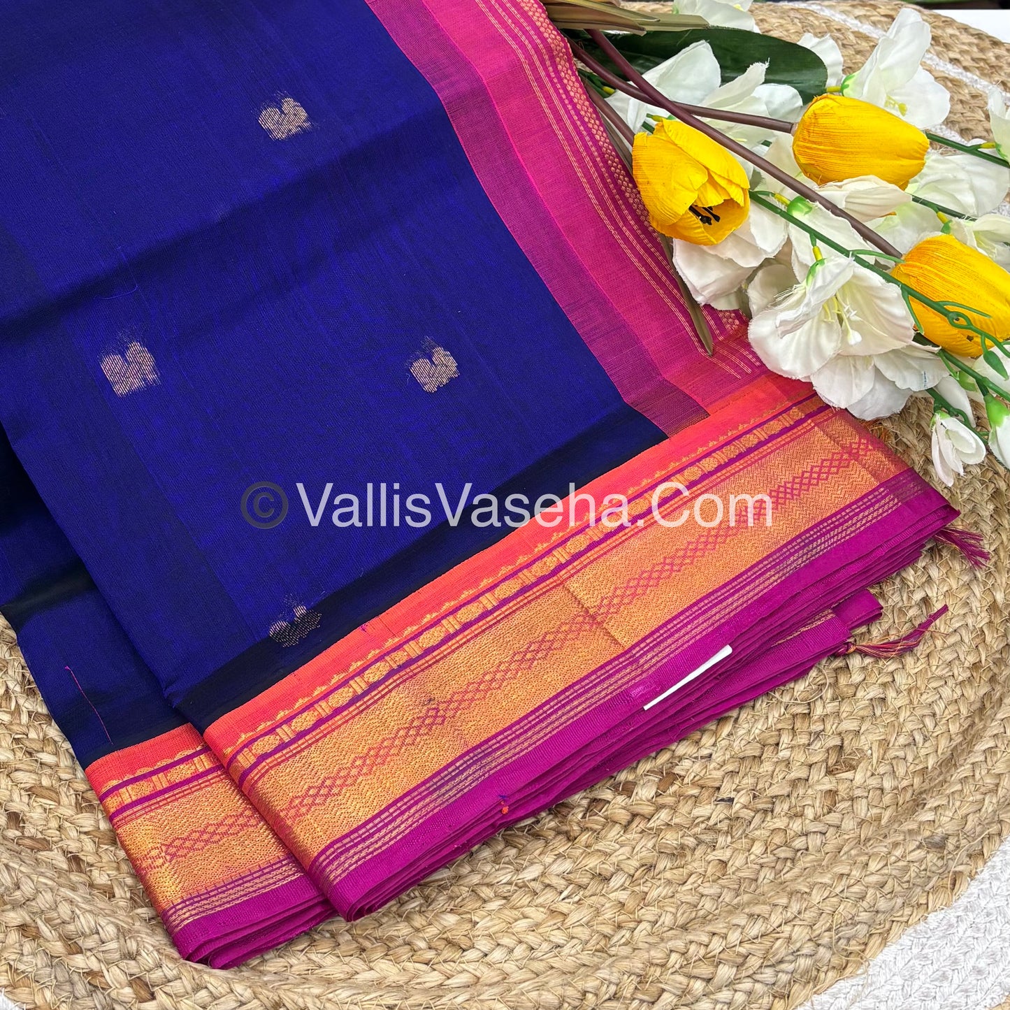 Pure Korvai Silk Cotton Saree - Blue With Pink Combo - VVKSC004