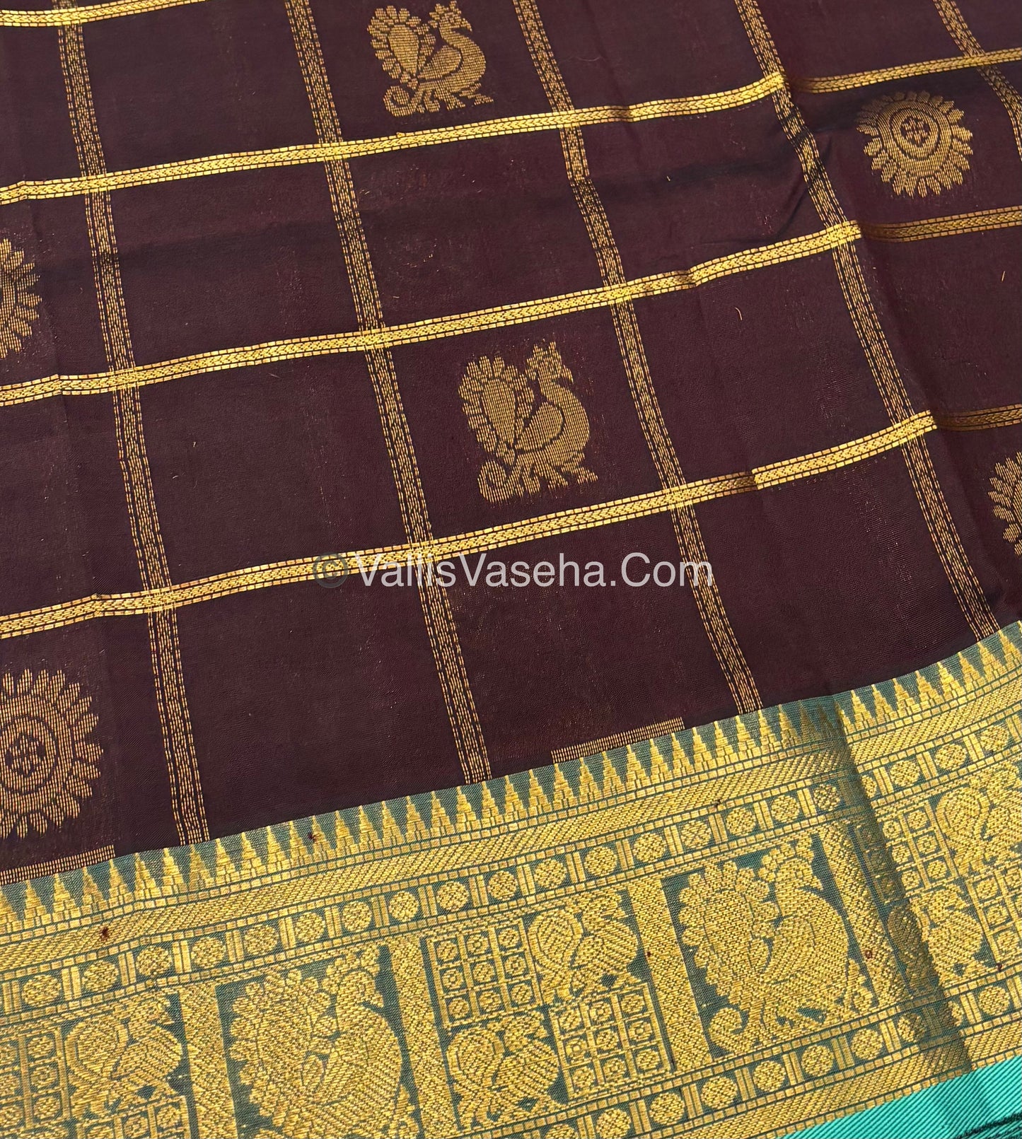 Pure Silk Cotton Saree - Mayil & Chakkaram Design - Brown With Blue Combo -VVMC003