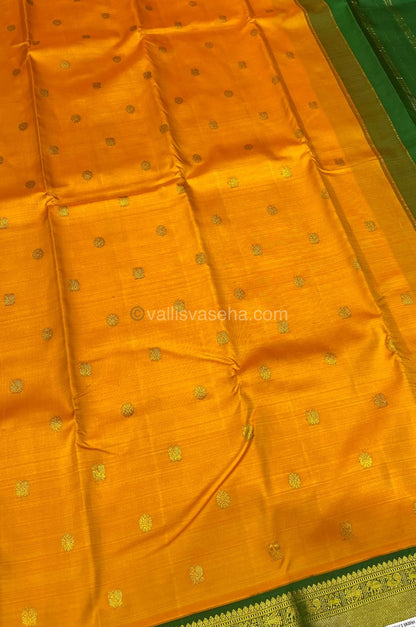 Pure Kanchipuram Silk Saree - Korvai - Mayil & Chakkaram Design - Mambalam Yellow with Green Combo- VVPS004