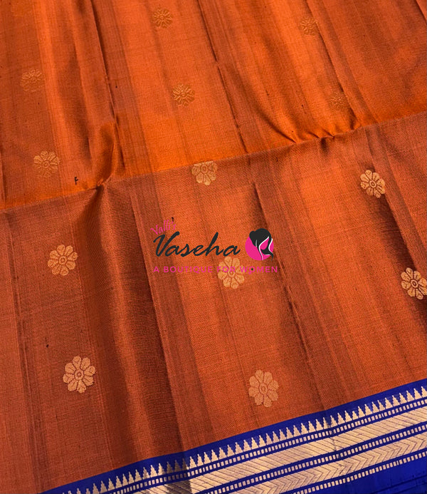 Pure Soft Silk Saree  - Rust Orange With Blue Combo - VVPSS150