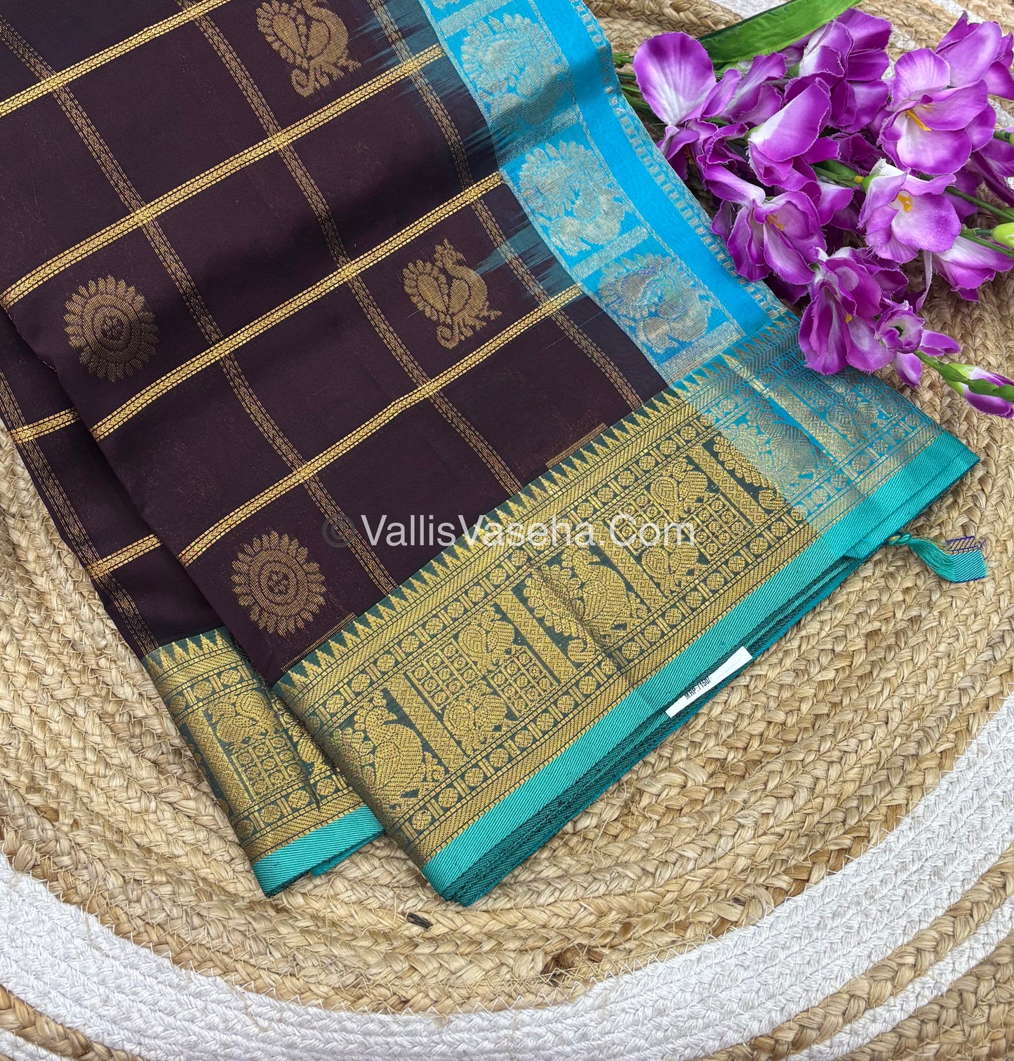 Pure Silk Cotton Saree - Mayil & Chakkaram Design - Brown With Blue Combo -VVMC003