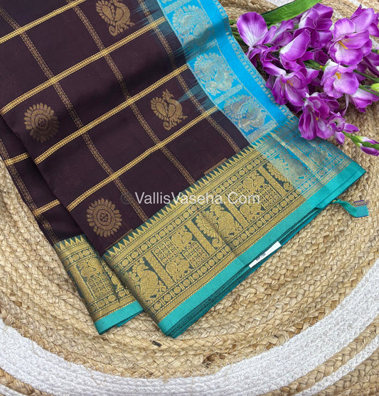 Pure Silk Cotton Saree - Mayil & Chakkaram Design - Brown With Blue Combo -VVMC003