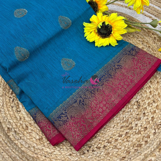 Bamboo Silk Saree- Blue with Pink Shade - VVBSS016