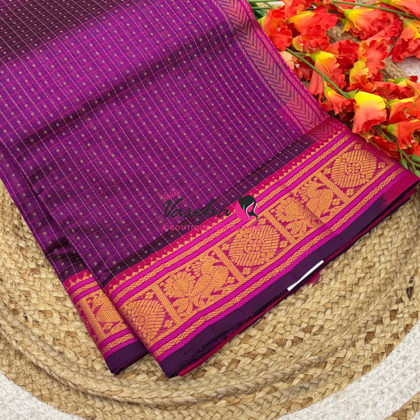 Pure Silk Cotton Saree - Purple  With Pink Shade - Lakshadeepam Design - VVPLD001