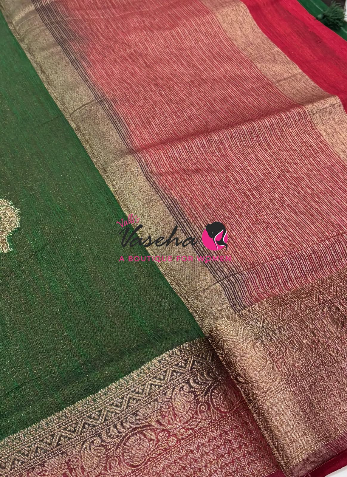 Bamboo Silk Saree - Green With Red - VVBSS019
