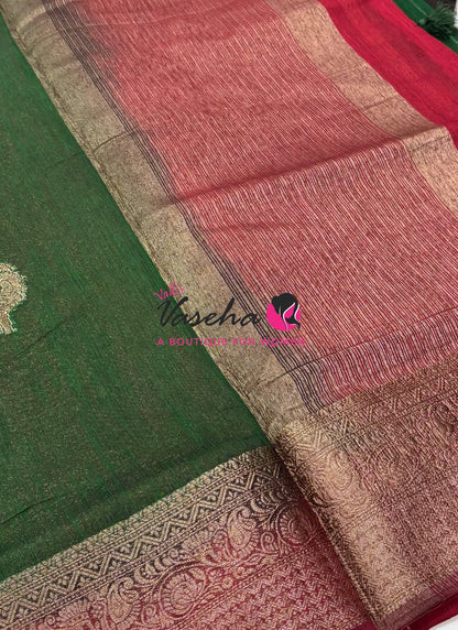 Bamboo Silk Saree - Green With Red - VVBSS019
