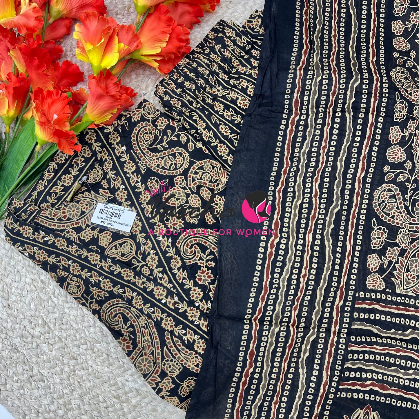 Ready Made | Anarkali - Ajrakh Print |Salwar, Kameez & Duppatta(3pc)|Cotton |Black - VVAS009