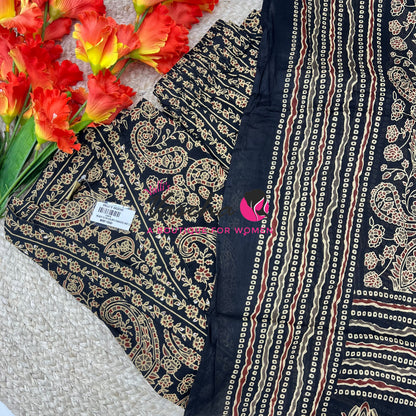 Ready Made | Anarkali - Ajrakh Print |Salwar, Kameez & Duppatta(3pc)|Cotton |Black - VVAS009