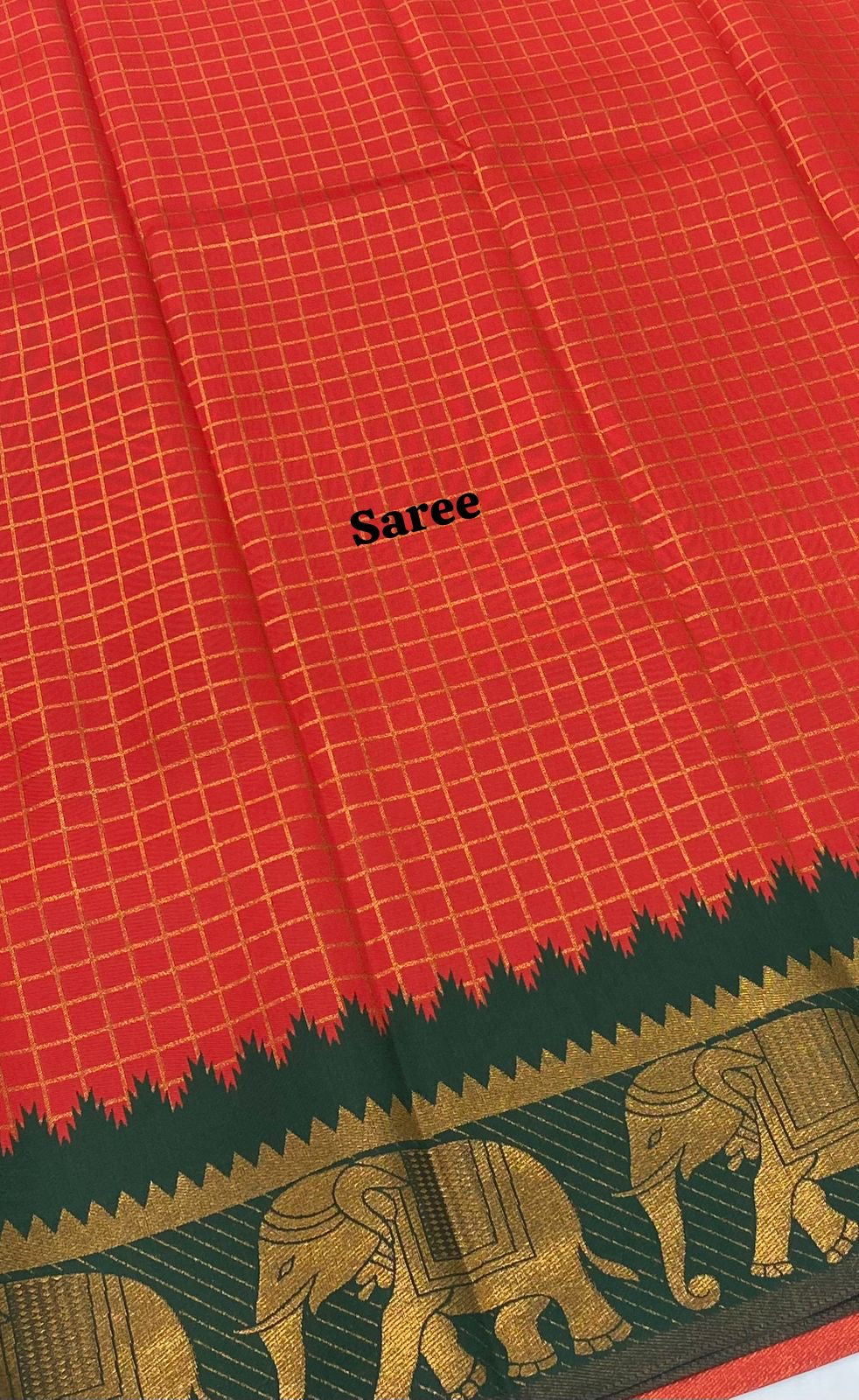 Semi Silk Saree - Kanchi Silk Style - Elephant Border - Red with Green - VVSSS005