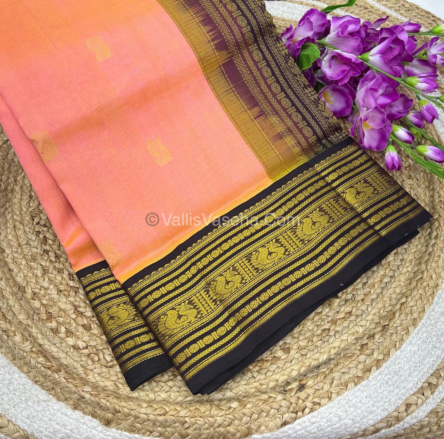 Pure Korvai Silk Cotton - Peach with Wine - Vairavoosi Pattern - VVKSC023