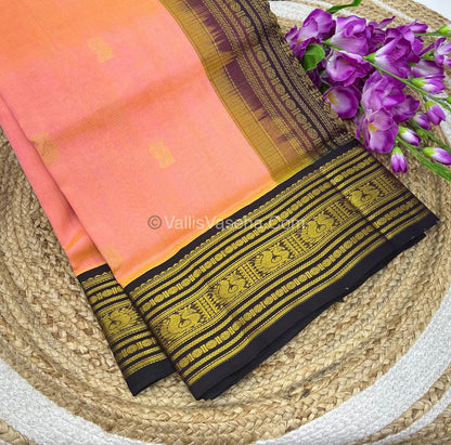 Pure Korvai Silk Cotton - Peach with Wine - Vairavoosi Pattern - VVKSC023