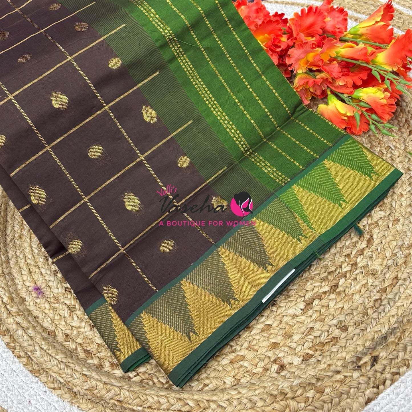 Semi Silk Cotton Saree - Checked Pattern with Butta  - VVSSC012