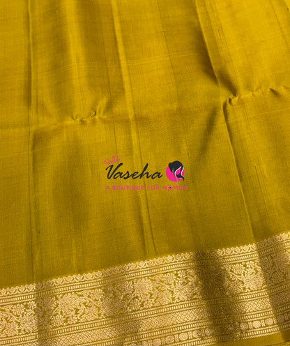 Pure Soft Silk Saree - Grey With Mustard Yellow - Velum & Mayilum - Kanchi Border - VVPSS015