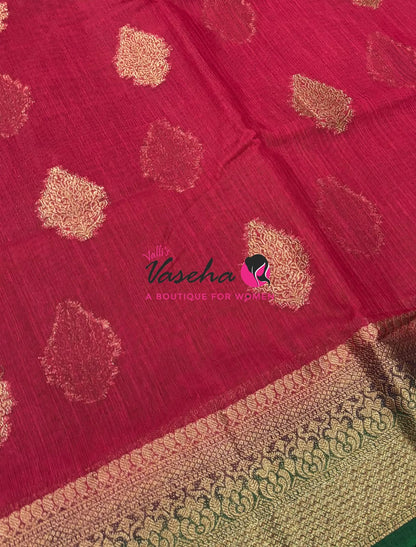 Bamboo Silk Saree - Red With Green - VVBSS018
