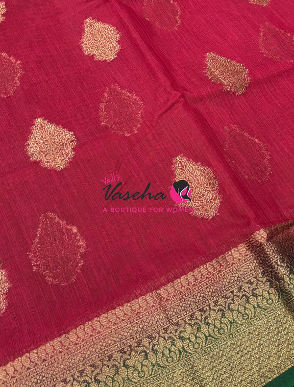 Bamboo Silk Saree - Red With Green - VVBSS018