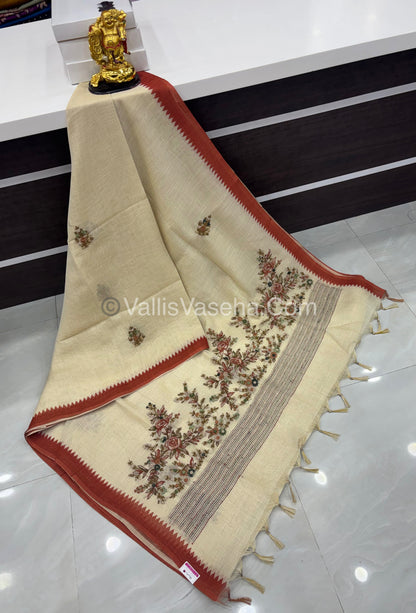 French Knot - Tissue Saree - Cream With Rust Orange Shade - VVLFN007