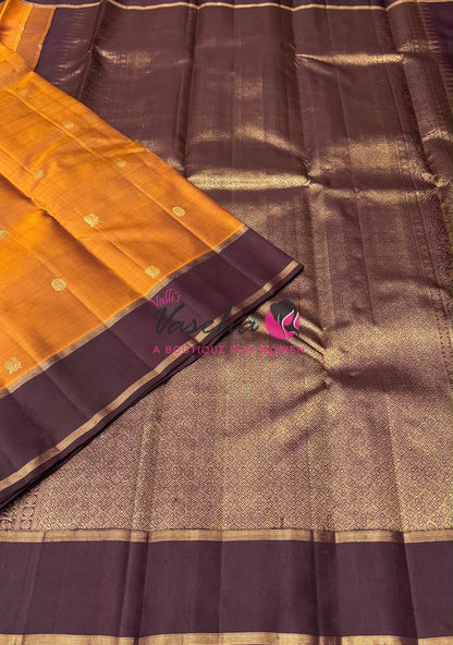 Pure Kanchipuram Silk Saree - Rust Orange With Wine Brown - VVPS051