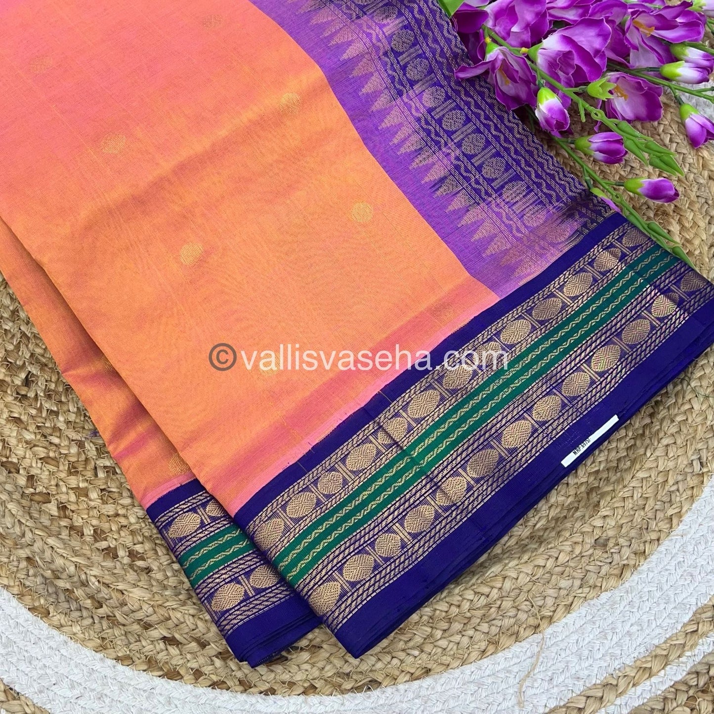 Pure Korvai Silk Cotton Saree - Peach & Gold with Blue - VVKSC004