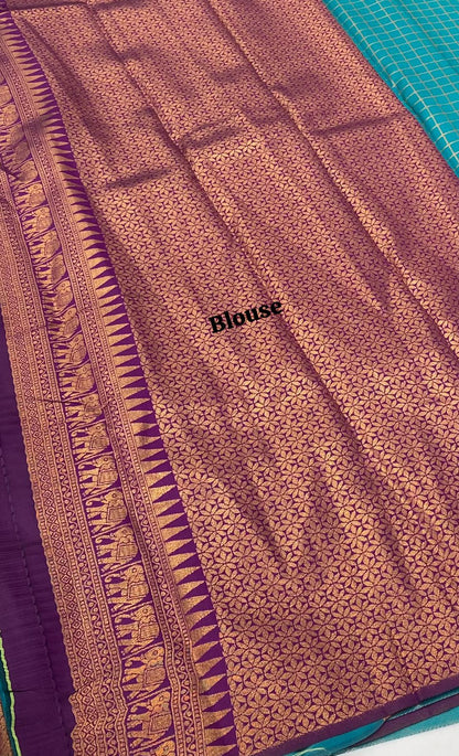 Semi Silk Saree - Kanchi Silk Style - Elephant Border - Ramar Blue with Purple - VVSSS005