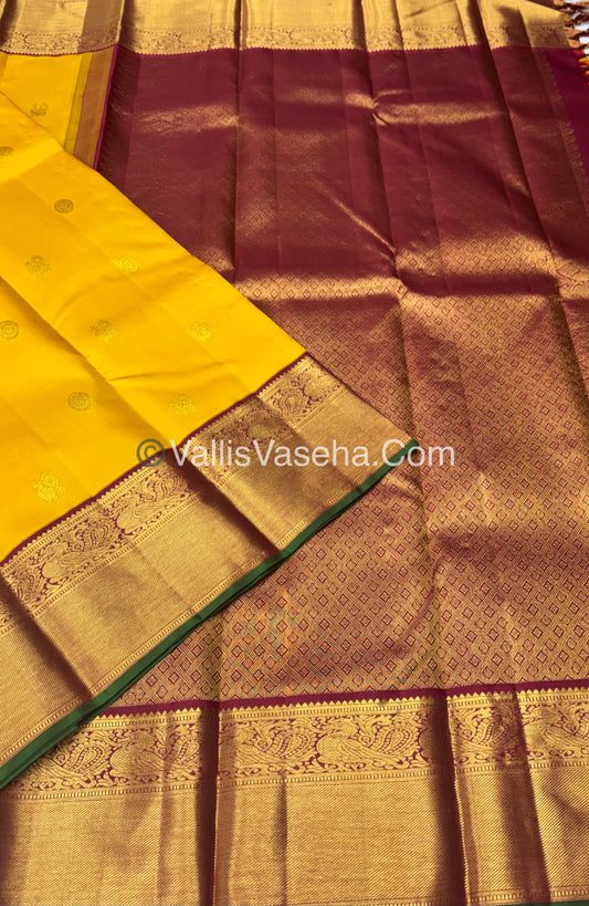 Pure Vintage Korvai Kanchipuram Silk Saree - Mango Yellow & Maroon Combo - VVPS021