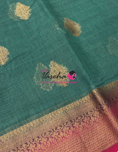 Bamboo Silk Saree - Greyish Olive Green with Pink Shade - VVBSS018