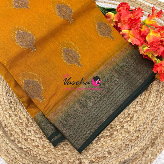 Bamboo Silk Saree - Yellow With Green  - VVBSS019