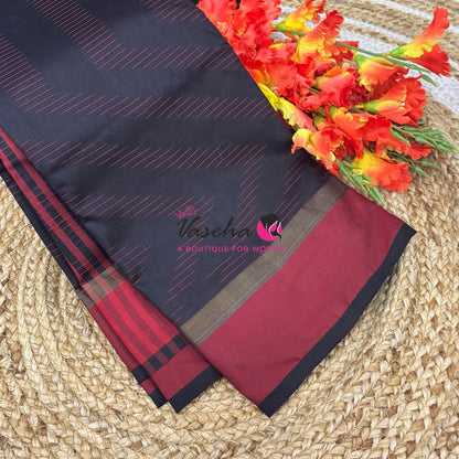 Semi Silk Saree - Thread Work Weaving ￼- Black With Red - VVSSS0038