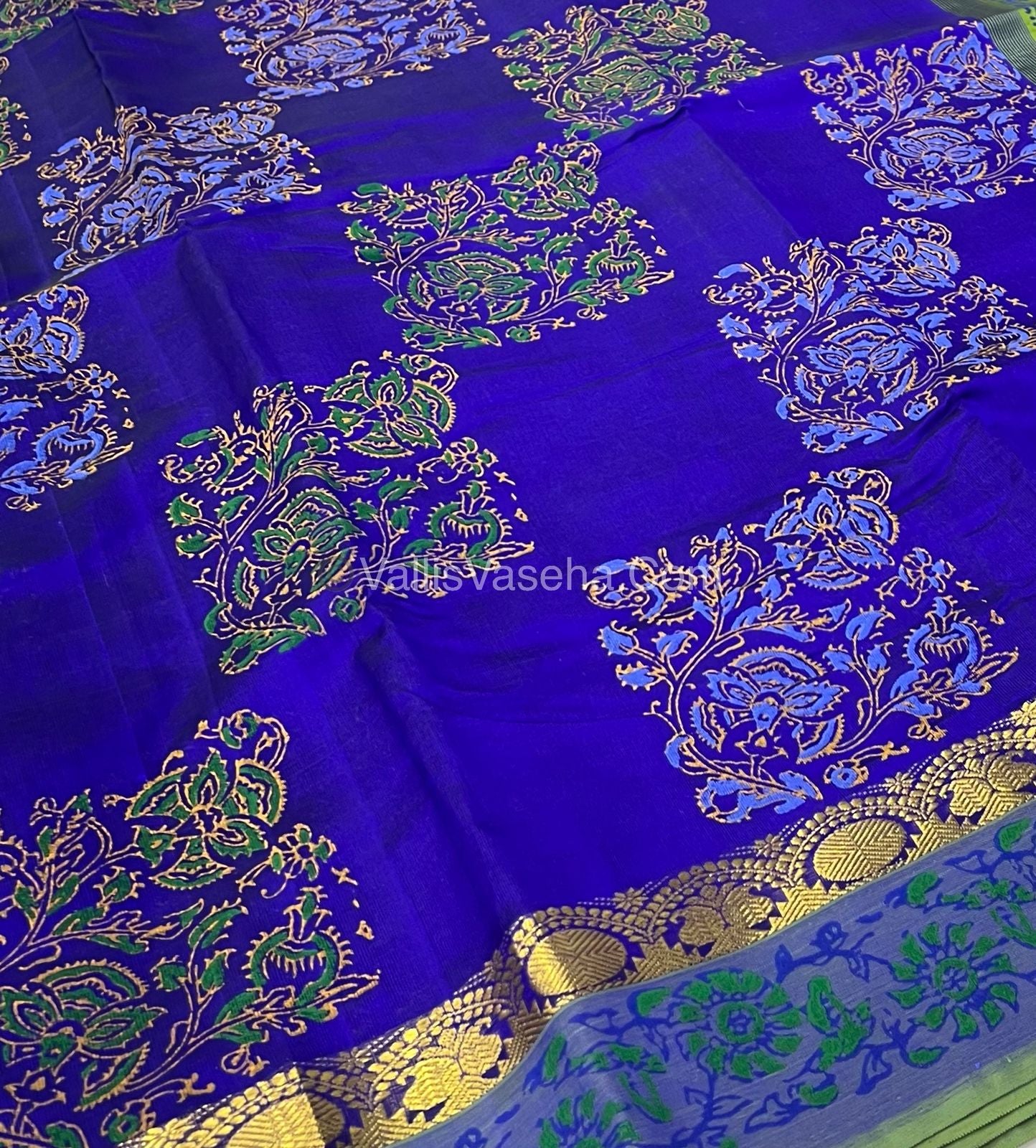 Pure Printed Silk Cotton Sarees - Blue with Green - VVPSC003