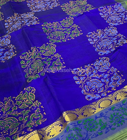 Pure Printed Silk Cotton Sarees - Blue with Green - VVPSC003