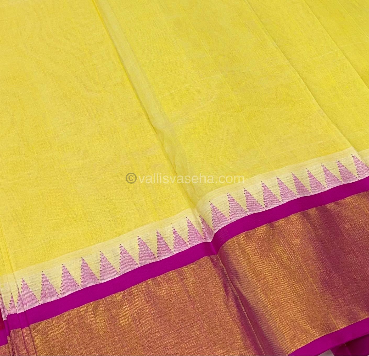 Pure Korvai Silk Cotton Saree - Light Yellow with Pink Combo - Temple border - VVKSC001