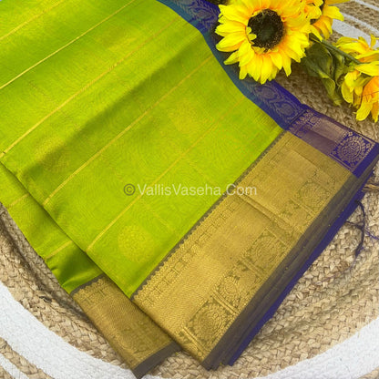 Pure Silk Cotton Saree - Mayil & Chakkaram Design - Lemon Green with Blue Shade- VVMC001