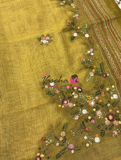 French Knot - Linen Tissue Saree - Mustard Greenish Yellow Shade - Heavy Work Blouse - VVLFN018