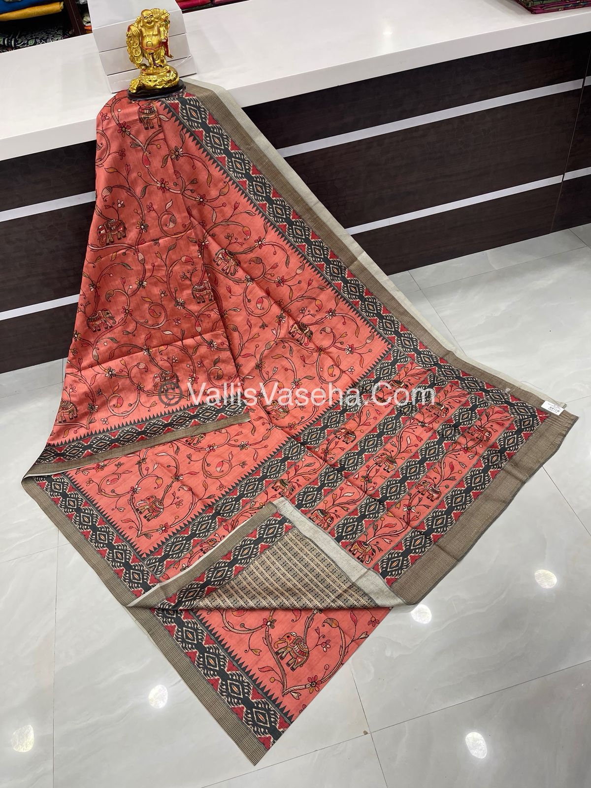 Semi Tussar - Kantha Work Embroidery - Orangish Peach Shade - VVSTK001