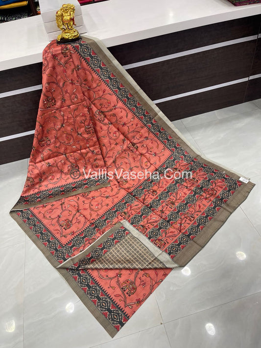 Semi Tussar - Kantha Work Embroidery - Orangish Peach Shade - VVSTK001
