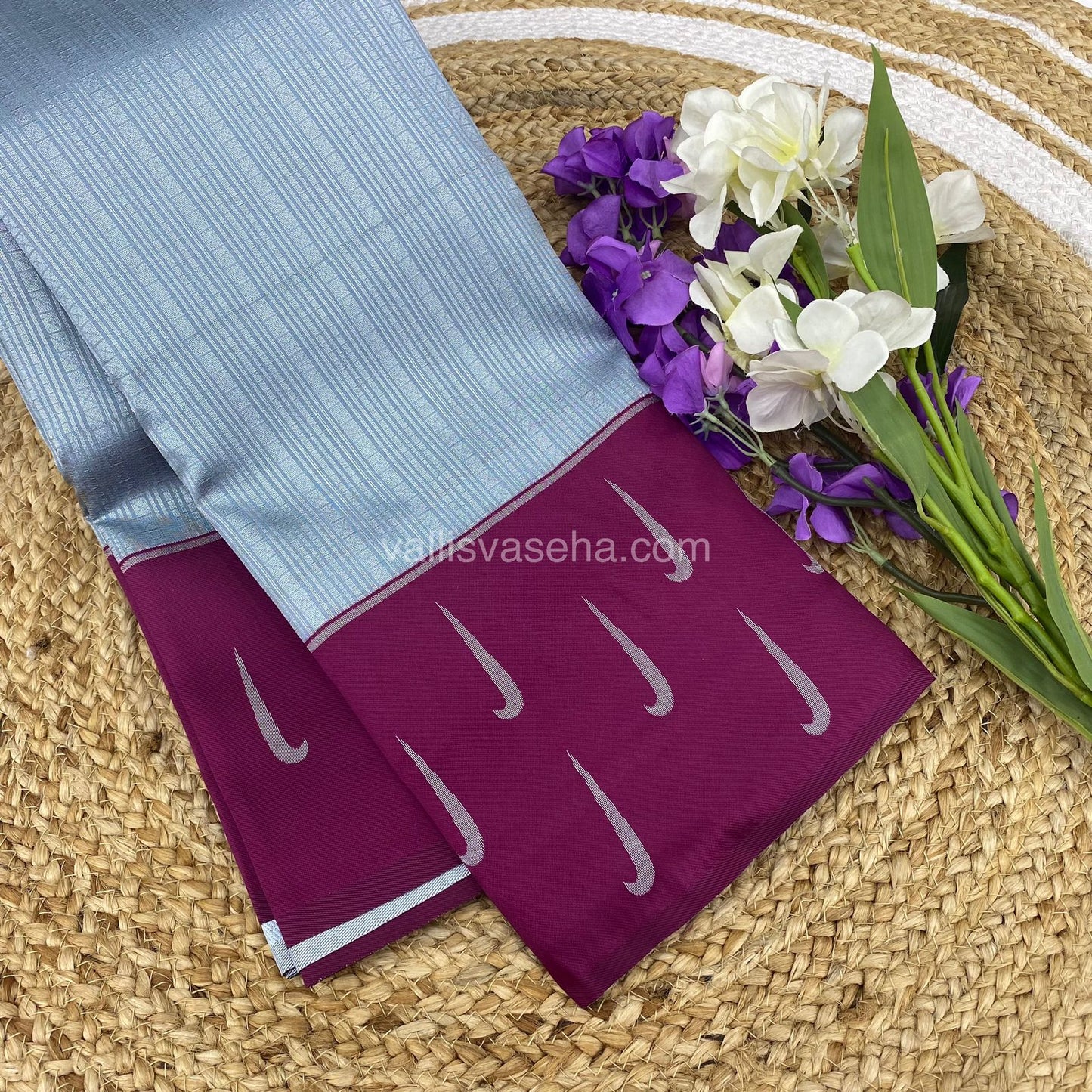 Kanchi Semi Silk - Ice Blue (Grey Shade) with Merunish Purple - VVKSS001