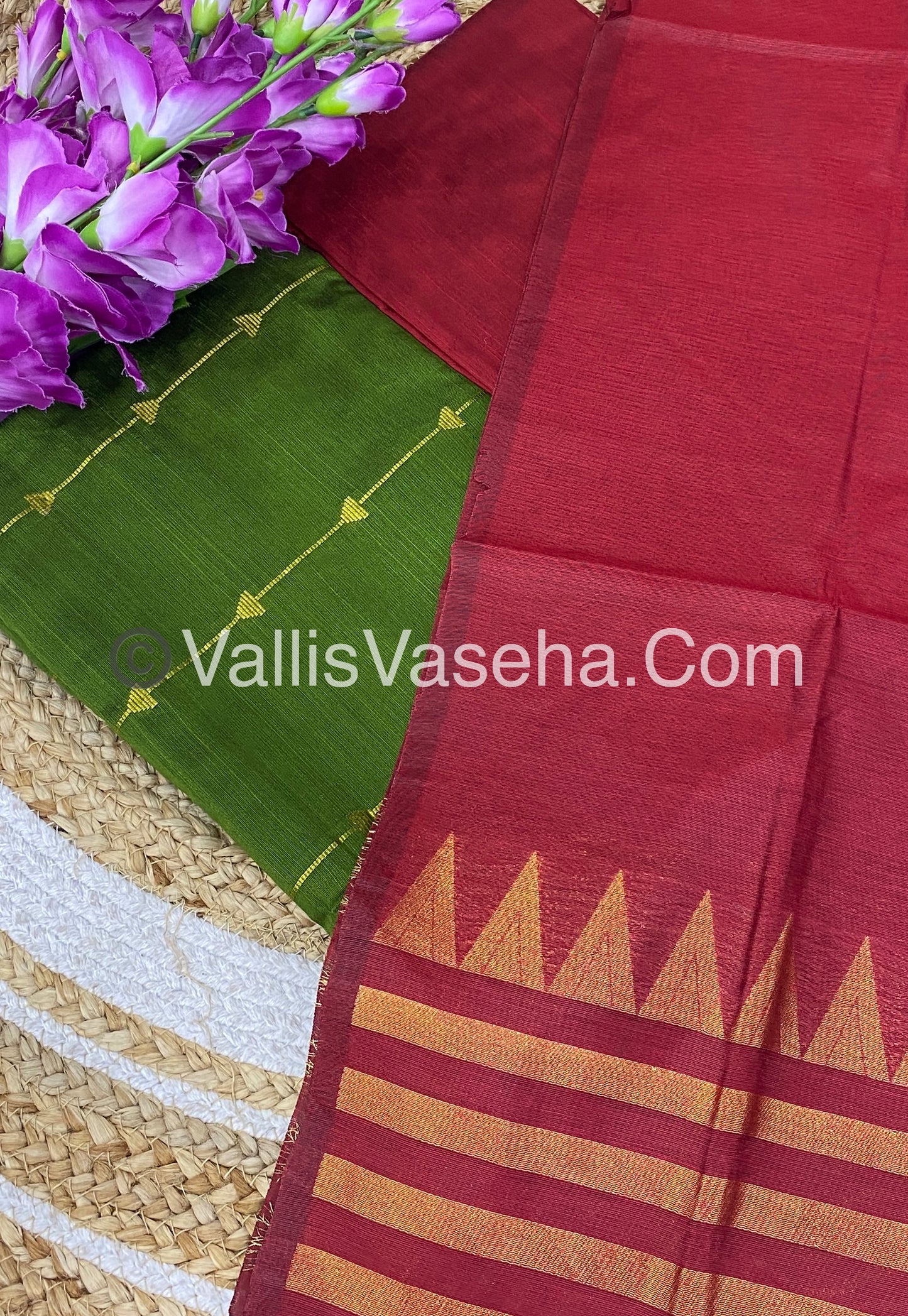 Unstitched Salwar Material -Raw Silk - Green with Red Shade - VVUSM004