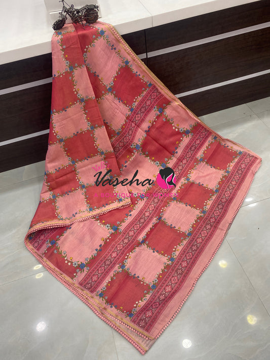 Linen Tissue Saree -  Light & Dark Combo - Peach Shade - VVLTS005