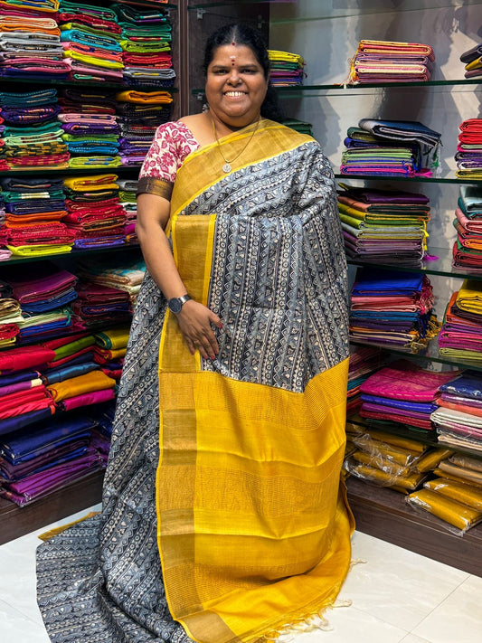 Pure Tussar Silk - Grey With Yellow Shade - VVPTS001
